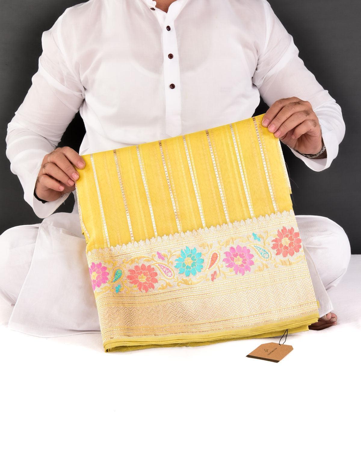 Yellow Banarasi Gold & Silver Zari Dotted Stripes Kadhuan Brocade Handwoven Kora Silk Saree with Meenekari Border Pallu - By HolyWeaves, Benares