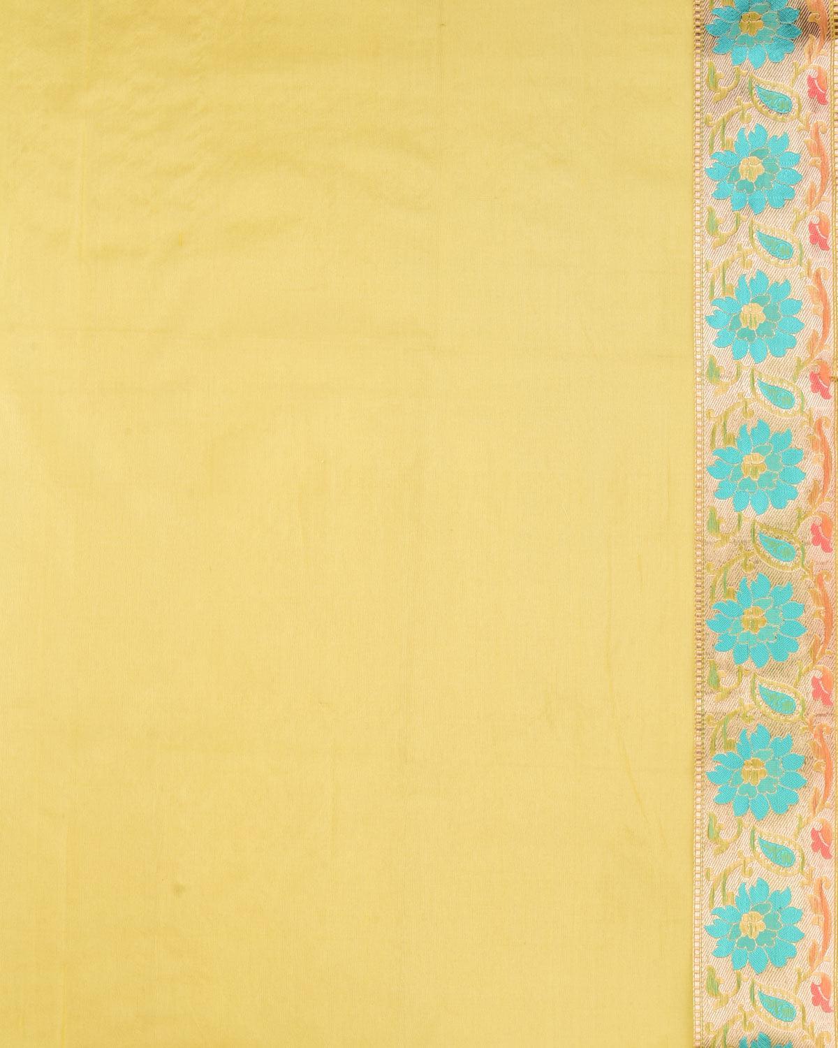 Yellow Banarasi Gold & Silver Zari Dotted Stripes Kadhuan Brocade Handwoven Kora Silk Saree with Meenekari Border Pallu - By HolyWeaves, Benares